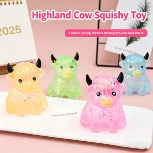 Flash Powder Highland Cow Squishy Set, Colorful Transparent Soft Tpr Stress Relief Toy, Cute Animal Slow Rebound, Perfect for Holidays & Parties