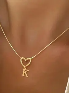 Women's Heart Initial Letter Pendant Necklace, Stainless Steel, Fishbone Chain Design, Elegant Daily Wear Jewelry Accessory