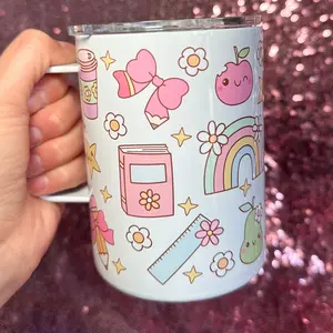 Cute Pastel Teacher 12oz Stainless Steel Mug Insulated for HOT AND COLD Drinks. Comes With Clear Lid and Reusable Straw