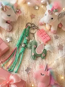 Unicorn Unicorn Keychain Pendant, Cute Sweet Cool Macaron Colorful Series PU Leather Braided Tassel Heart Clasp, Chocolate Charm Included
