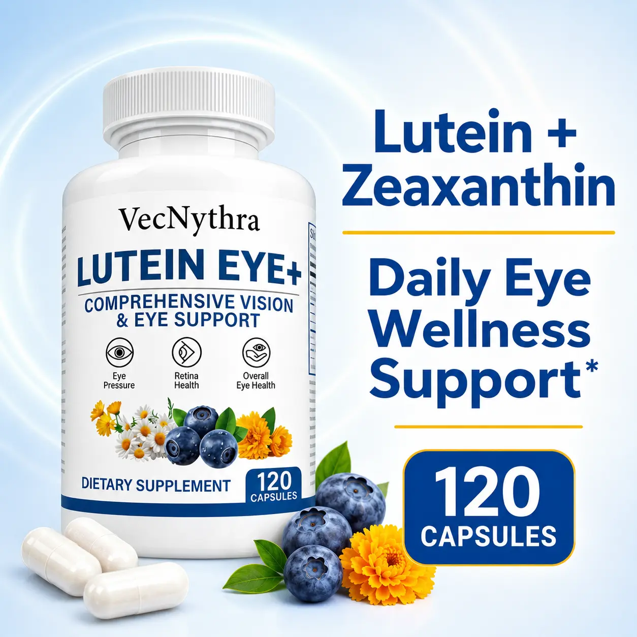VecNythra Lutein & Zeaxanthin Eye Care Vitamins for Adults - Health Supplement with Natural Vitamin A, Antioxidants, Blue Light Support, Daily Vision Wellness, 120 Capsules