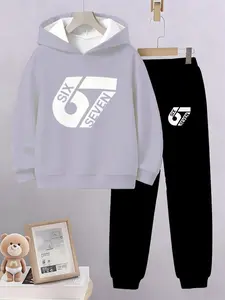 Boys' Hoodie & Sport Pants Set, 3D Print Fun Number 67 Pattern, Casual Fitted Short Pants, Fall for Outdoor Sports & Home Parties, Clothing Sets, Graphic Print Set