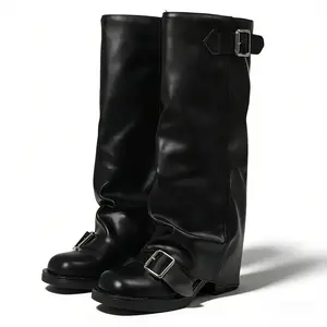 Women'sLeather Boots Buckle Strap Round Toe Block Heel Faux Leather Material Bold Edgy Statement Street Style Party Boots Comfortable Daily Wear Fall Winter Cold-Weather Footwear