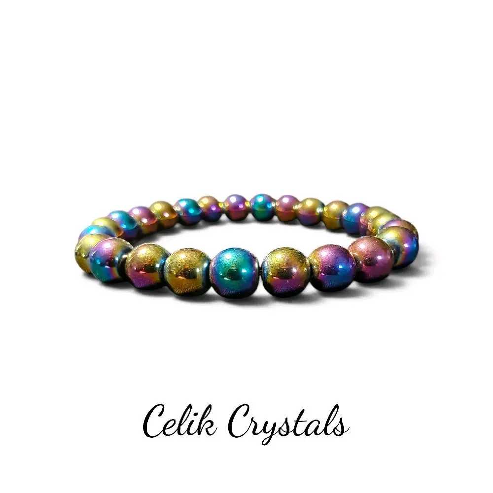 Unisex 8mm Rainbow Hematite Beaded Bracelet - Casual Natural Crystal Jewelry for Energy Protection