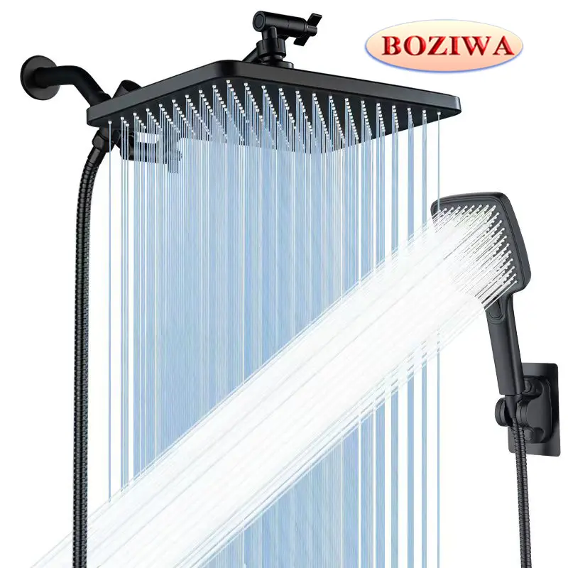 11.8-inch rain shower head & New Upgraded , paired with a  handheld shower, 9.65" extension arm, 59" hose, showerhead holder, leak-proof washer,teflon tape, bathroom accessories，chrome，black, Rainfall Shower Head, Shower Head Combo