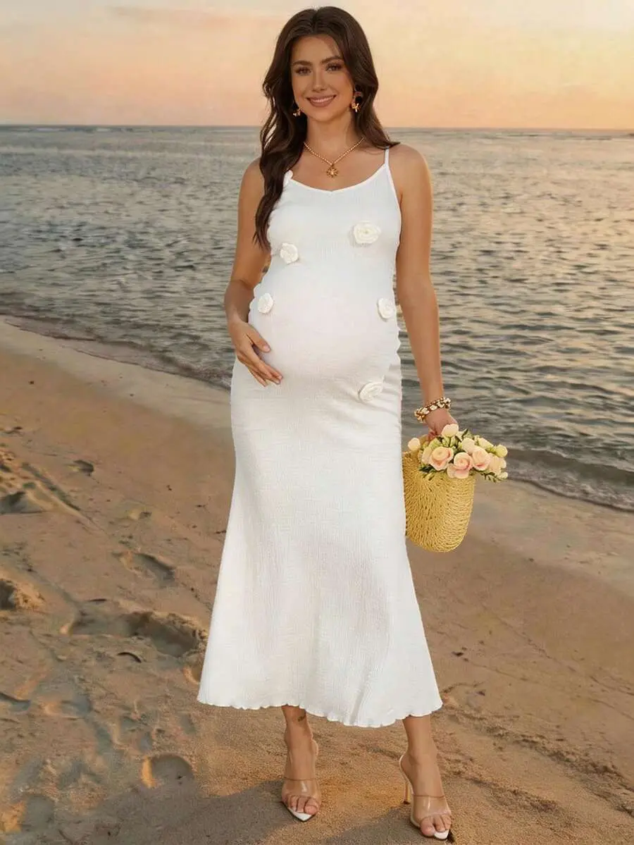 DANLIEN Pregnant Women Solid Color Bodycon Ruffle Hem Slip Dress Summer Beach Vacation Maternity Dress Photoshoot Party