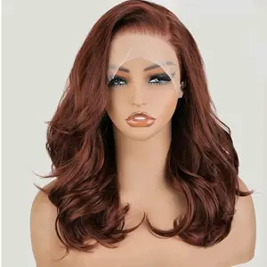 SOKU 13X6 Reddish Brown Lace Front Wigs Pre Layered, 18 Inch Short Wavy Glueless Wigs Pre Plucked, Copper Red Body Wave Synthetic Lace Front Wigs for Women