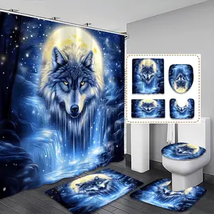 Creative Moon Night Wolf Fantasy Landscape Bathroom Decor Set, Includes Shower Curtain, Mat, Toilet Seat Cover, 12 Hooks, Waterproof