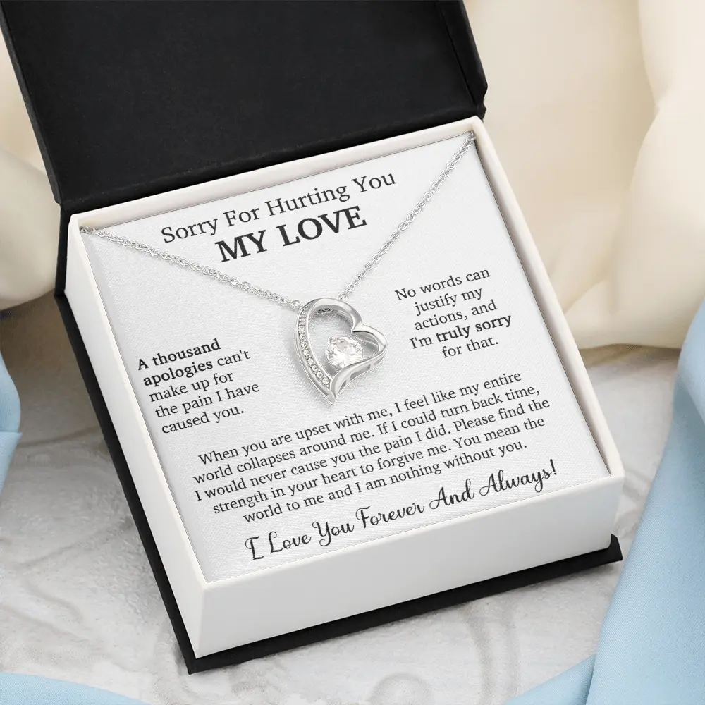 "Sorry For Hurting You" Romantic Heart Necklace with Message Card - 14k White Gold Finish 6.5mm Cubic Zirconia Pendant, Ideal Apology & Anniversary Gift for Her, Wife, Girlfriend (Includes Gift Box)