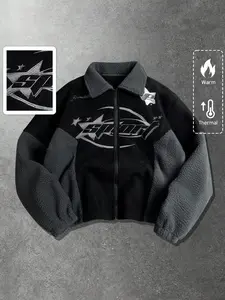 Unisex Winter Lamb Fur Patchwork Jacket Coat, Block, Star Letter Print, Zipper Collar, Street Style Fashion