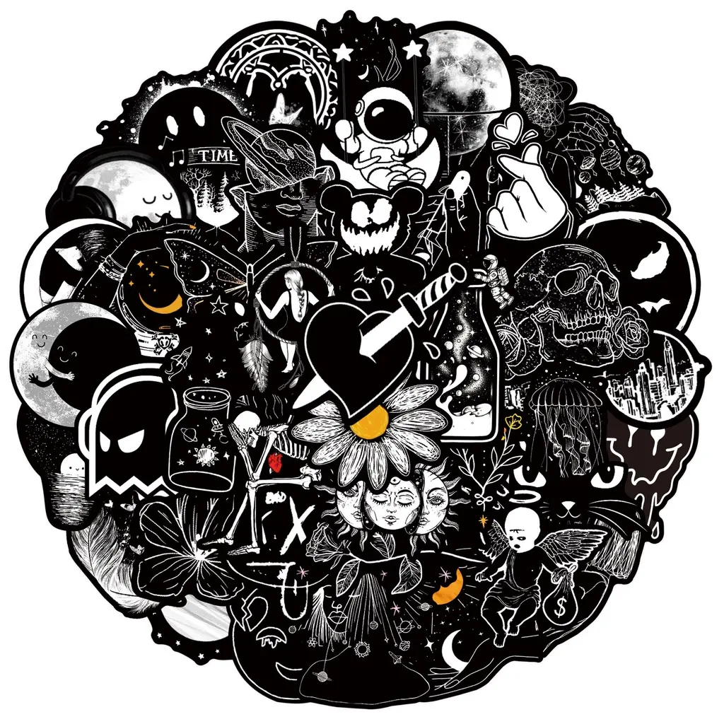 50PCS Personalized Black and White Gothic Abstract Graffiti Stickers For Helmet Bicycle Hand Account Pencil Case Decals Sticker Set LanLanStickersWorld, Sticker Packs