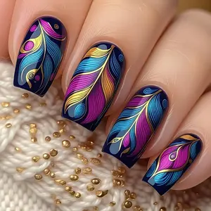 Medium-Length 24pcs Glossy Striped False Nails, Detachable Multi-Color Feather Nail Stickers, Fake Nails for Daily Use, Press On Nails