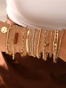 Boho Style Vintage Fashion Elegant Multi-Layer Women's Stackable Bracelet Set, Includes Faux Pearl Artificial Gem Geometric Wax Rope Snake Chain, Trendy Bangles