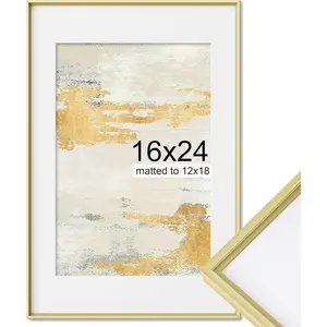 16x24 Metal Picture Frame, 16 by 24 Premium Aluminum Poster Frames with 12x18 Removable Mat, Tempered Glass, Vertical and Horizontal Display, Wall Hook Hanging Hardware Included, Gold, 1 Pack Decor Photo Black