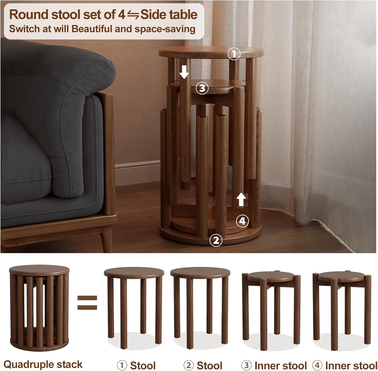 【HOT】Solid Wood Stackable Stools Set of 4,Wooden Stool,Sturdy and Durable,No Installation Required,Top Stackable Round Stools for Kitchen Island,Dining Room,Bedroom,Living Room, Space Saving