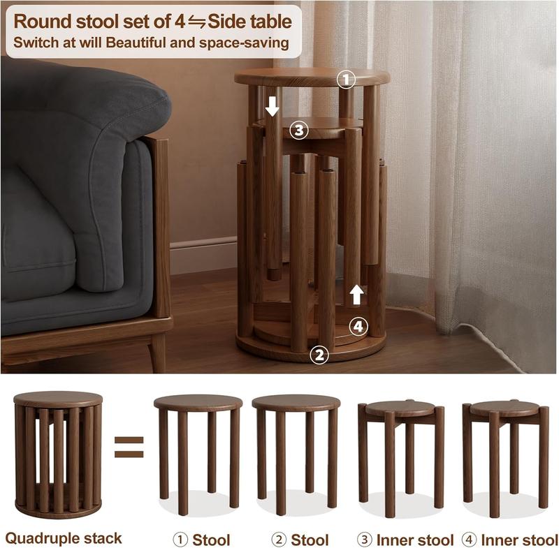 【HOT】Solid Wood Stackable Stools Set of 4,Wooden Stool,Sturdy and Durable,No Installation Required,Top Stackable Round Stools for Kitchen Island,Dining Room,Bedroom,Living Room, Space Saving