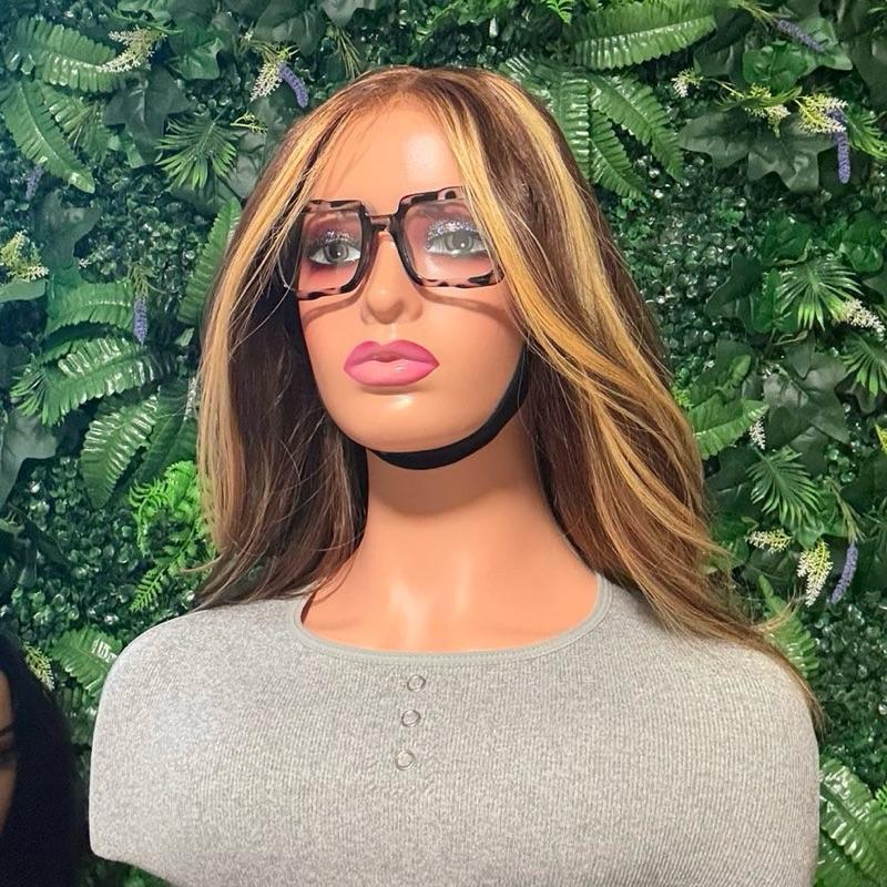 Sandra Hair Honey blonde Highlighted  Ombre Bob Straight Human Hair 14 inches 13x4 frontal lace with band Pre-Cut Synthetic 150  density  wig full black wig