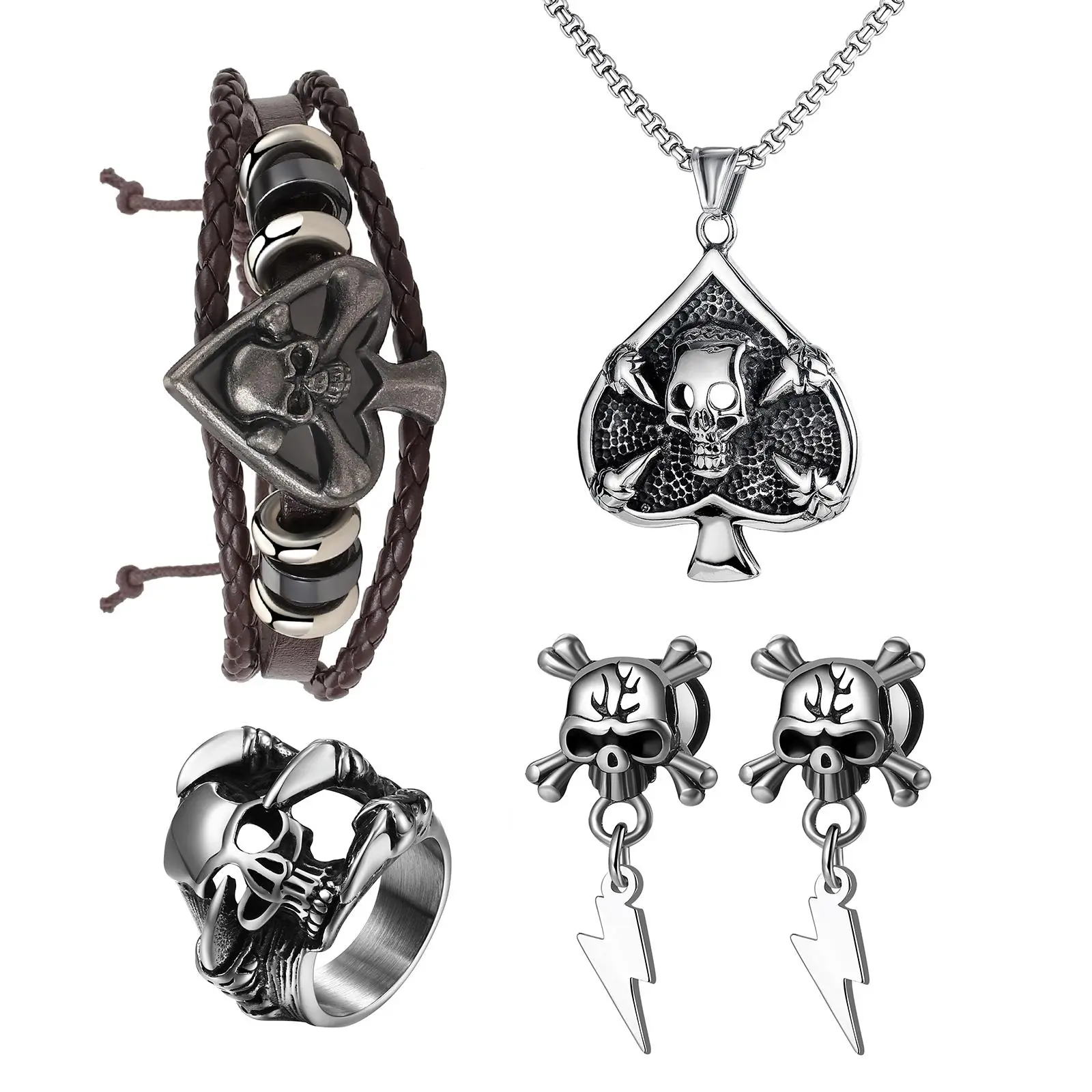 OIDEA Gothic Skull Poker Jewelry Set for Men, Spade Ace Ghost Claw Lightning Stainless Steel Earrings Necklace Bracelet & Ring