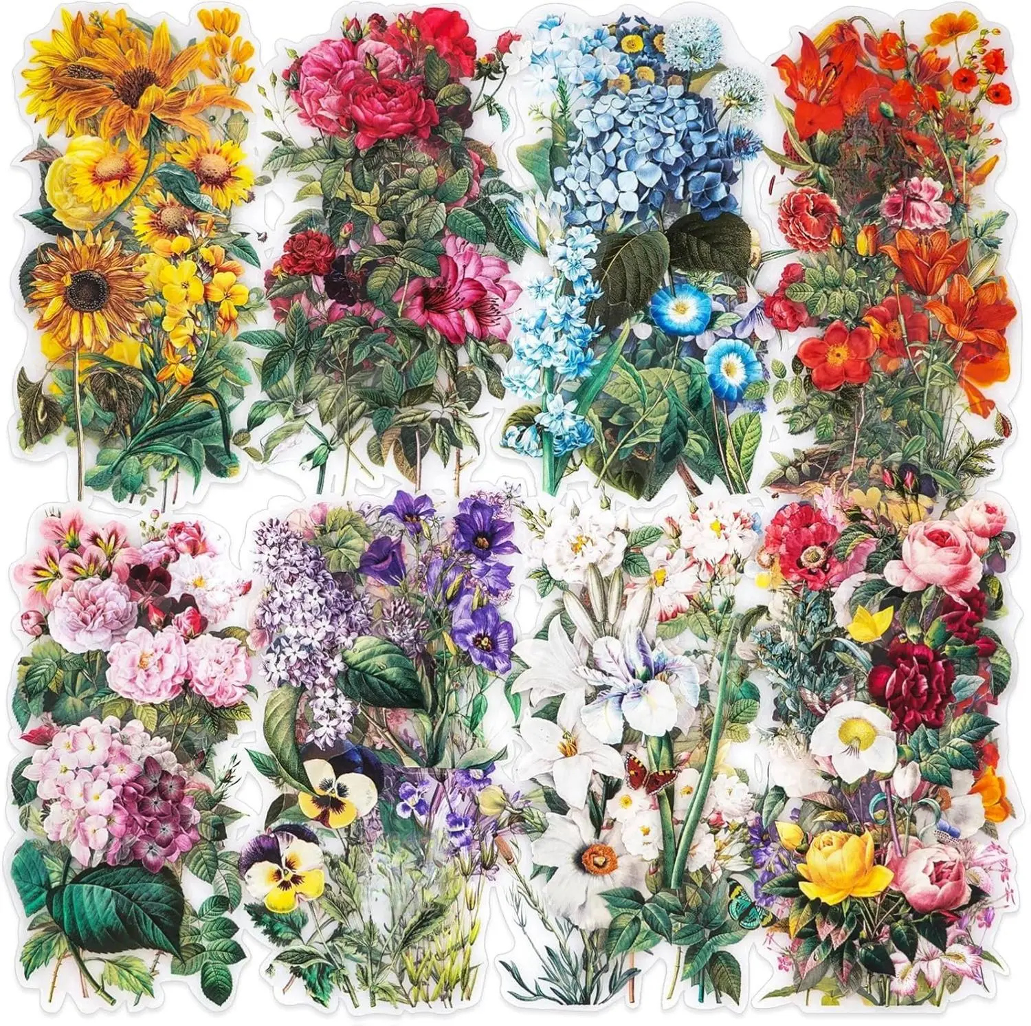 Vintage Botanical Flower Stickers – Waterproof Clear & PET Floral Decals for Journals, Scrapbooks & Water Bottles