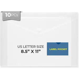 10 Pack Clear Plastic Envelopes with Snap Closure & Label Pocket, Reusable Waterproof Poly Envelopes for A4 US Letter Size Important Document