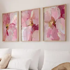 Abstract pink flowers painting, blush pastel pink floral prints set of 3, modern peony digital artwork, printable wall art