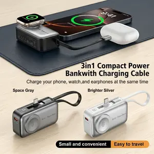 Ultra-Compact 3-in-1 Travel Power Bank - Built-in Cable & USB-C Fast Charging | Portable Apple Watch & iPhone 17 16 15 Series Charger, Essential for AirPods