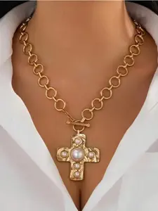 【Gift Set】 Hammered Thick Chain Cross Necklace Set, Unisex /silver Color Pendant, Vintage Style Jewelry for Men and Women