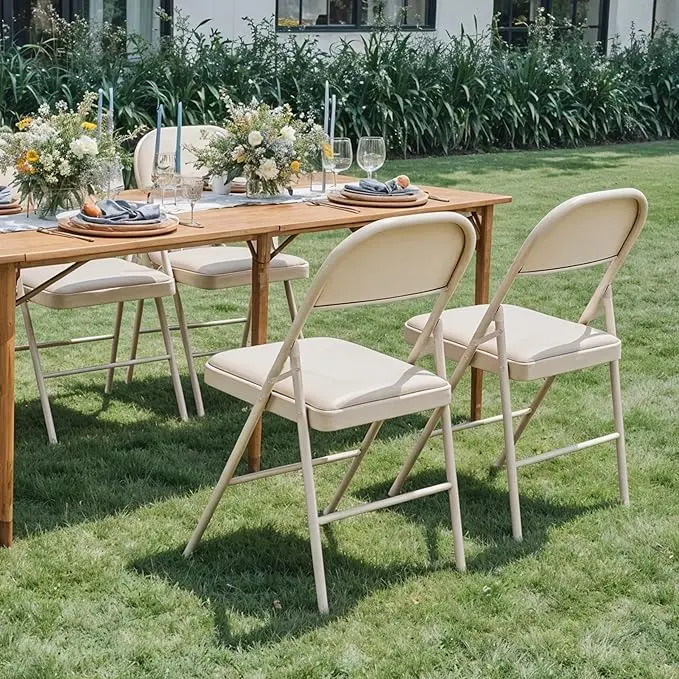 4-Pack Khaki Metal Stacking Chairs, Padded Seat & Backrest, Sturdy Steel Frame, Comfortable Portable Foldable Chairs for Home Office Indoor Use