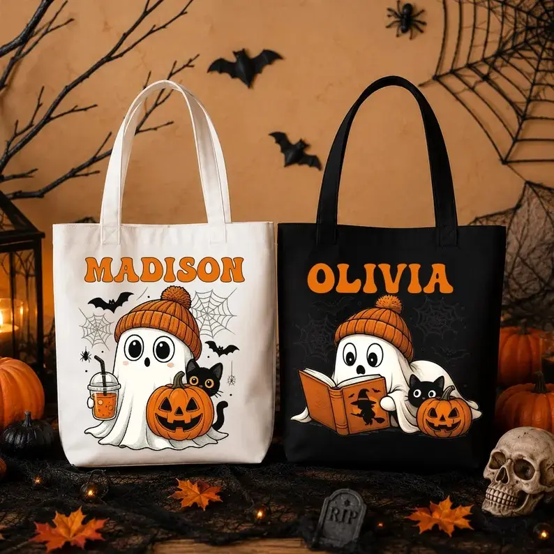 Halloween Tote Bag Custom Name 1 side Print, Trick or Treat Tote Bag, Halloween Ghost bag, Spooky Goodie Bag, Funny Halloween Bag, Ghost Tote Bag, Spooky Reading bag