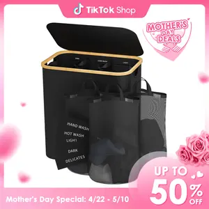 Laundry Hamper with Lid, 160L Dirty Clothes Hamper for Laundry Basket 3 Section, Extra Large Laundry Sorter Hamper 3 Compartment with Removable Inner Bags & Labels, Beige, Black, Dark Grey