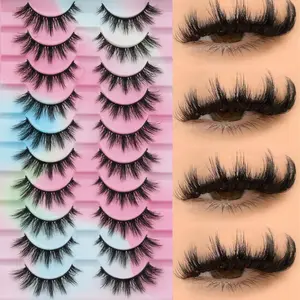 10 Pairs Powder Platform Cross-Border Fluffy False Eyelashes, C Curl Dense Style, 16-18mm Length, 0.10mm Thickness, Not Flammable Liquid