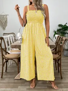 Women's Plus Size Plaid Front Chest Gathered Elastic Slimming Tank Jumpsuit Summer Style, Casual Fashion One-Piece Womenswear