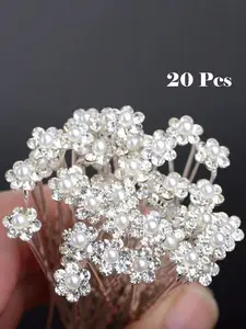 20pcs-Women-s-Rhinestone-Studded-Pearl-Flower-U-Shaped-Hairpin-Suitable-For-Weddings-Wedding Hair Decor-Bride-Dance-Party-And-Other-Occasions-Elegant