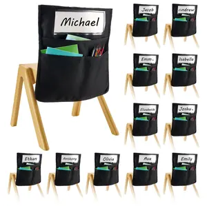 Chair Pockets For Classroom, 12 Pack Seat Pockets With Name Tag, Black Durable Nylon Fabric, Sturdy Chair Storage Organizer For Student Desks, Easy Labeling Of Names, Classroom Organization And School Supplies