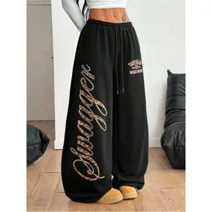 Women's Fall/Winter Street Style Sports Pants, Retro Leopard Print, Comfortable Black Loose-Fit Wide-Leg Sweatpants for Back to School