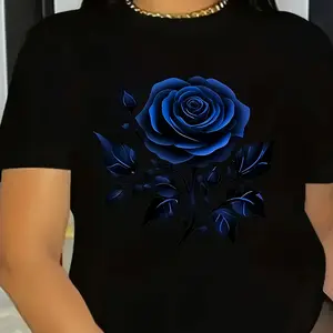 Women's Casual Black T-Shirt with Blue Rose Design - Soft Cotton, Round Neck, Short Sleeve, Summer Essential, Machine Washable, Ladies T Shirts Black CLL T-shirts-4179