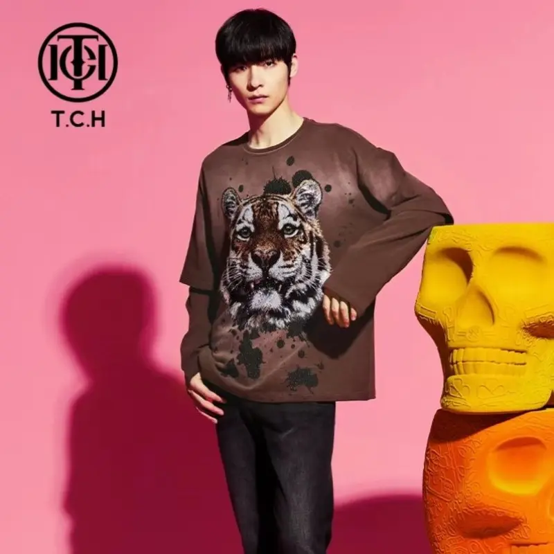 TCH—Light Luxury,Unisex Outfit,New Arrival Rhinestone Women's/Men's Fake two-piece tiger head long sleeves, suitable for all seasons #Holiday #Gift #Commuting #Dating Casual Womenswear