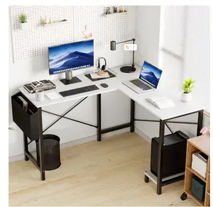 49in Reversible L Shaped Computer Desk with Storage, Coner Desk with Wooden Desktop, CPU Stand and Side Bag for Home Office and Gaming, White