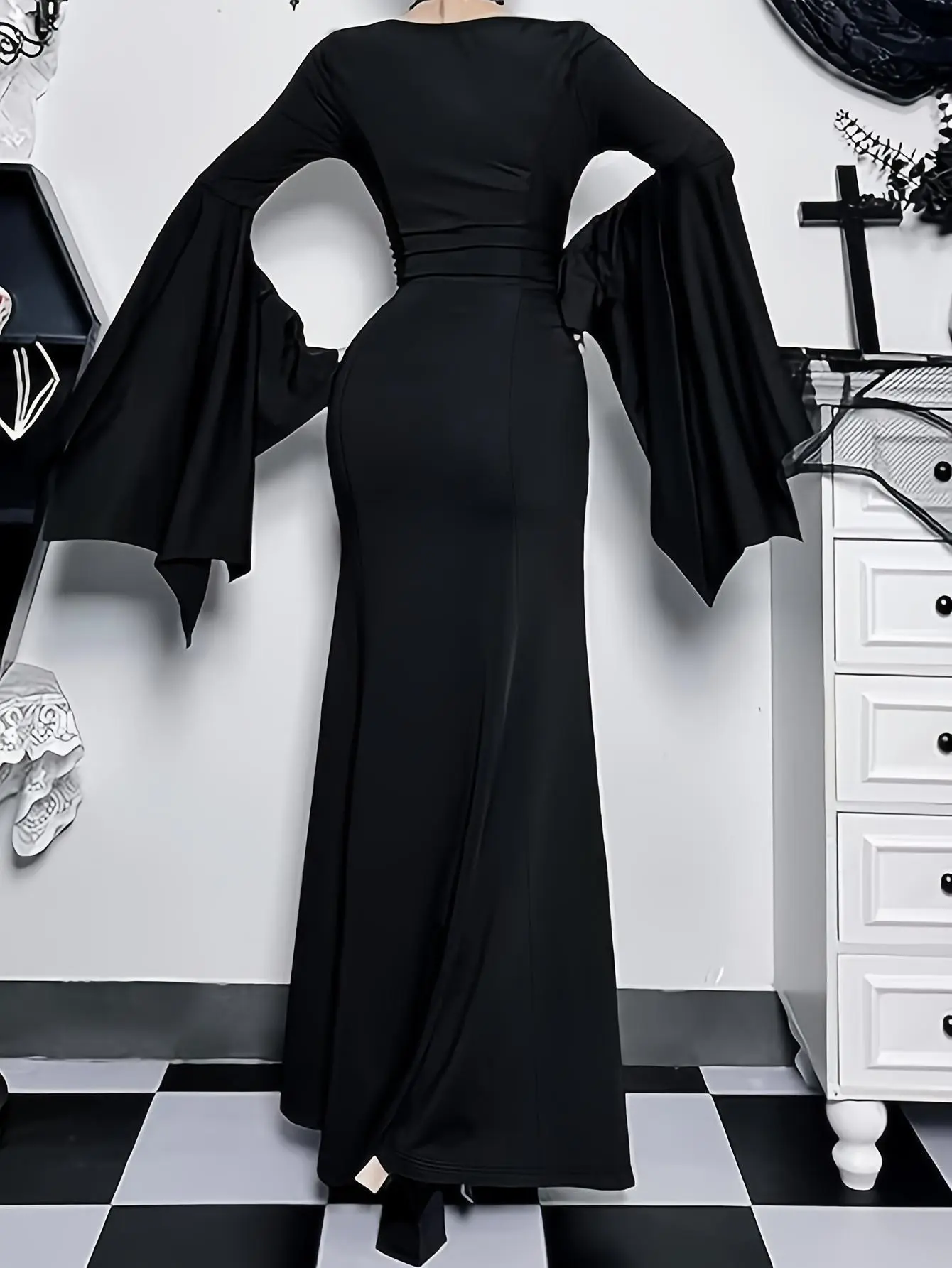 black long witch dress Dare Fashion Adult Gothic Witch Costume Black Corset Dress Purple Hat Tights 4x main image 1