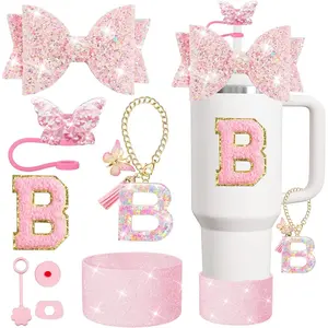 8PCS Stanley Cup Accessories Set for Stanley Cup 30oz 40oz Tumbler with Handle,Including Straw Topper Cover Cap and Boot,Spill Proof Stopper,Handle Charm,Initials Sticker (Pink B)