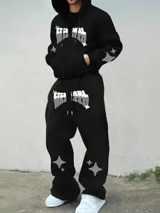 Men's Thick Hooded Sweatshirt Set, Artistic Letter Print Drawstring Design, Urban Fashion, Fall & Winter Casual Wear