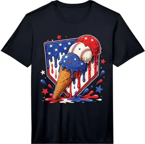 Baseball Drip Ice Cream 4th July American USA Flag Performance T-Shirt  Cotton Shirt