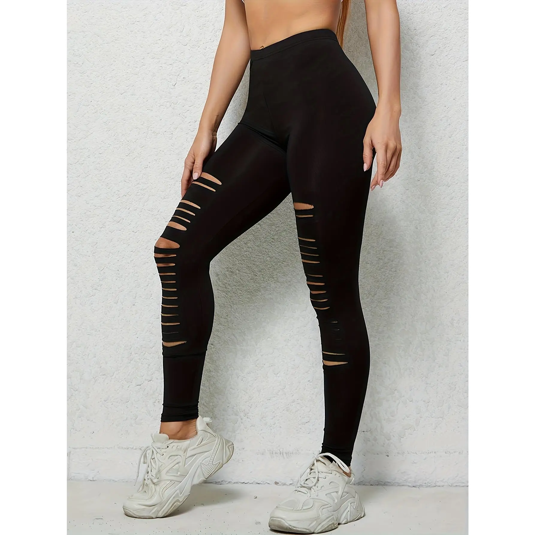 NEWWomen's High-Waisted Ripped Skinny Leggings, Summer Hollow-Out Leggings, Elegant Stretch Polyester/Spandex, Distressed Detail, Comfortable Fit Casual Wear, Machine Washable, Perforated, Casual, Elegant Style, All-Season