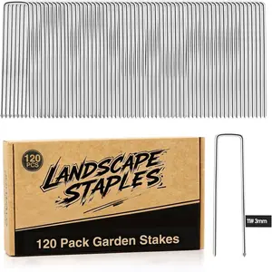 120 Pack Landscape Staples, 6 Inch 11 Gauge Galvanized Garden Stakes, Heavy Duty Weed Barrier Staples, Ground Anchors for Landscaping Fabric, Tarps & Netting Outdoor