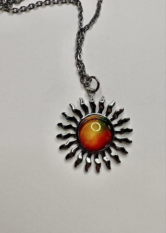 20” Stainless Steel Necklace with Handpainted Sun Cabochon - Unique Handcrafted Design