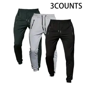 3pcs Men's Jogger Pants Four Seasons Elastic Closure Stretch Zipper Pocket Sports Pants Breathable Simple Sweatpants