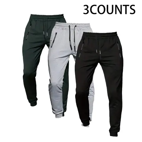 3pcs Men's Casual Joggers, 4-Season Elastic Closure Stretch Pants with Zipper Pockets, Breathable Simple Men's Uncuffed Sweatpants for Sports, Men's Sweatpants Uncuffed,summervibes Workout Athletic,clothes for back to school,first day of school outfits