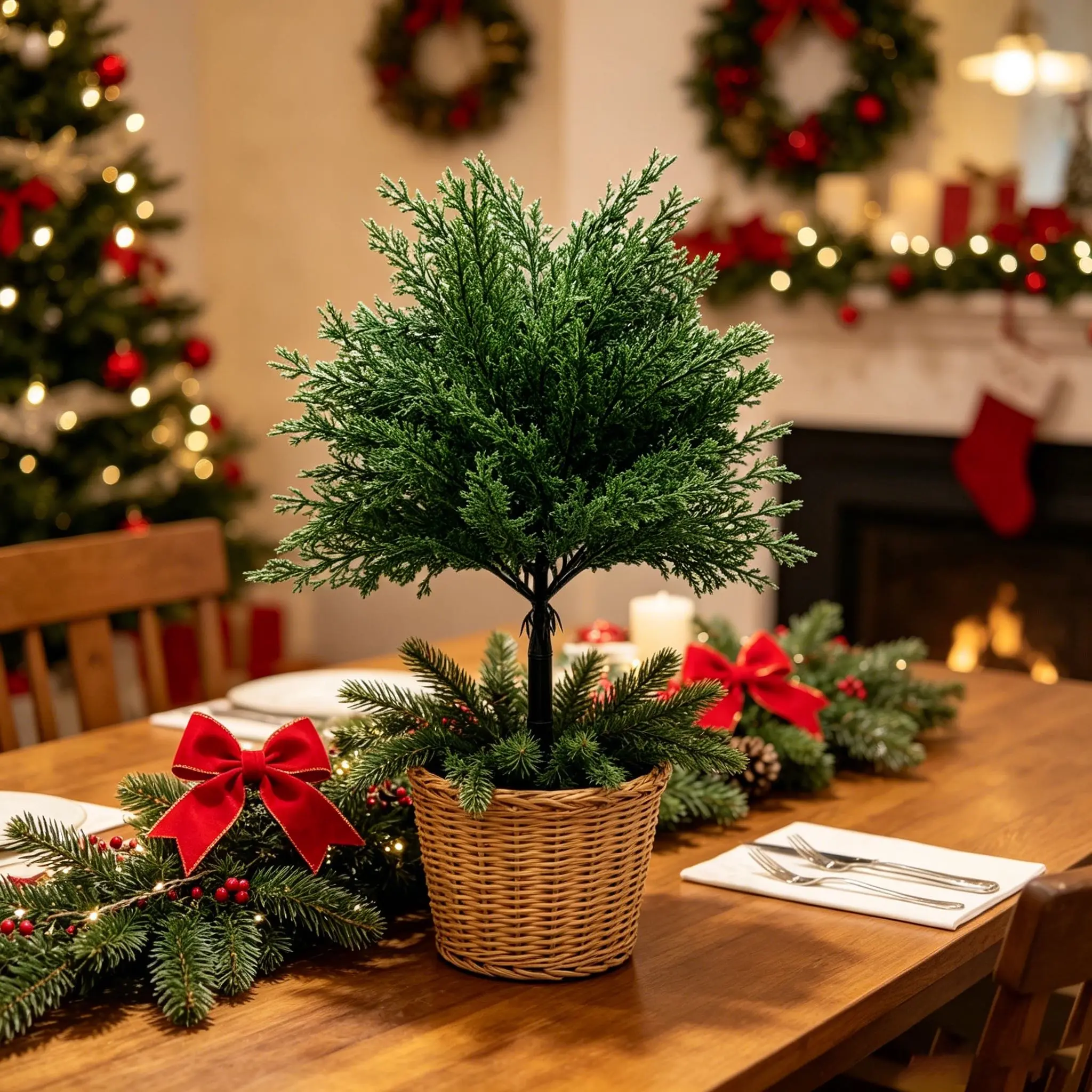 Artificial Evergreen Potted Tree Christmas Table Centrepiece Festive Holiday Home Decor Indoor Artificial Plant Centerpiece for Winter Party Mantel Shelf Office Desk