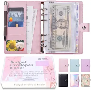 A6 Budget Binder Wallet, Bulk Cash Envelope & Budget Planner Expense Sheets, Money saving binder Budget Book, Money binder, organizer & cash stuffing-Pink Leather