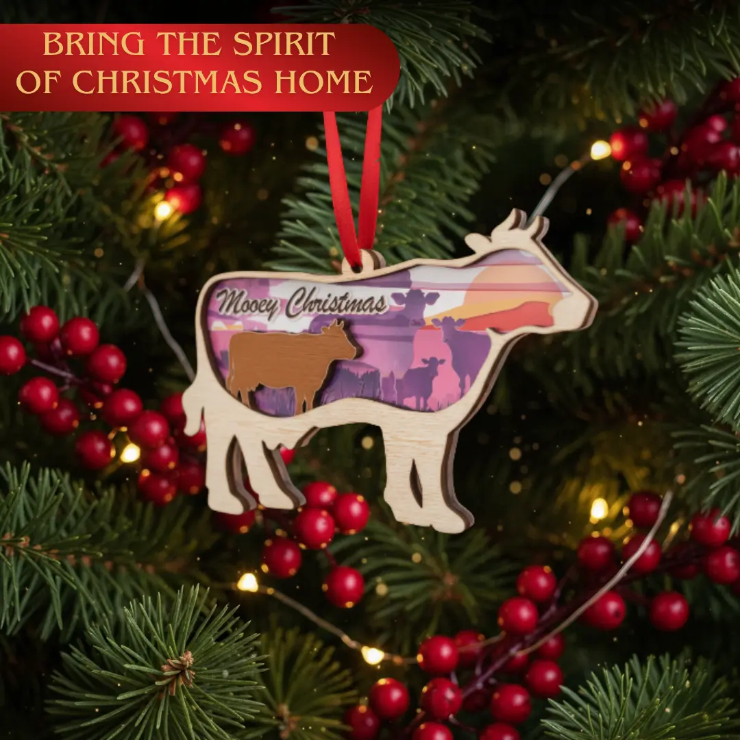Cow Christmas Ornament, Mooey Christmas Cow Farm Ornament, Farmhouse Animal-Themed Holiday Decoration, Cattle Enthusiast Keepsake Lightweight Wood